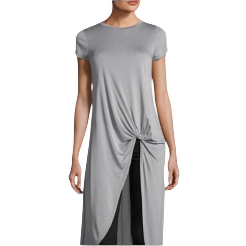 Neiman Marcus silvery Gray high low short sleeve Knot Front top size large